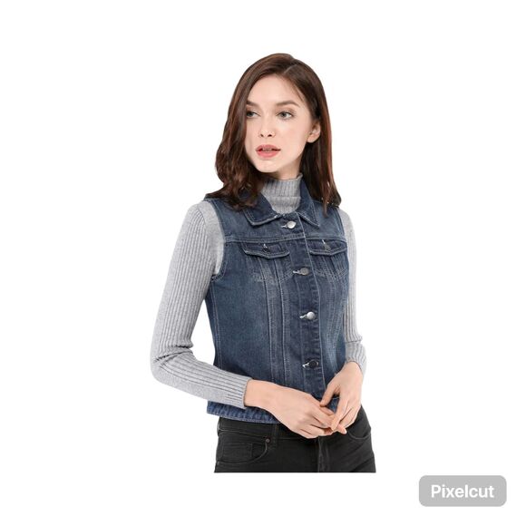 NWOT Size Large Allegra K Flap Pocket Button Denim Jacket Vest - Picture 1 of 11